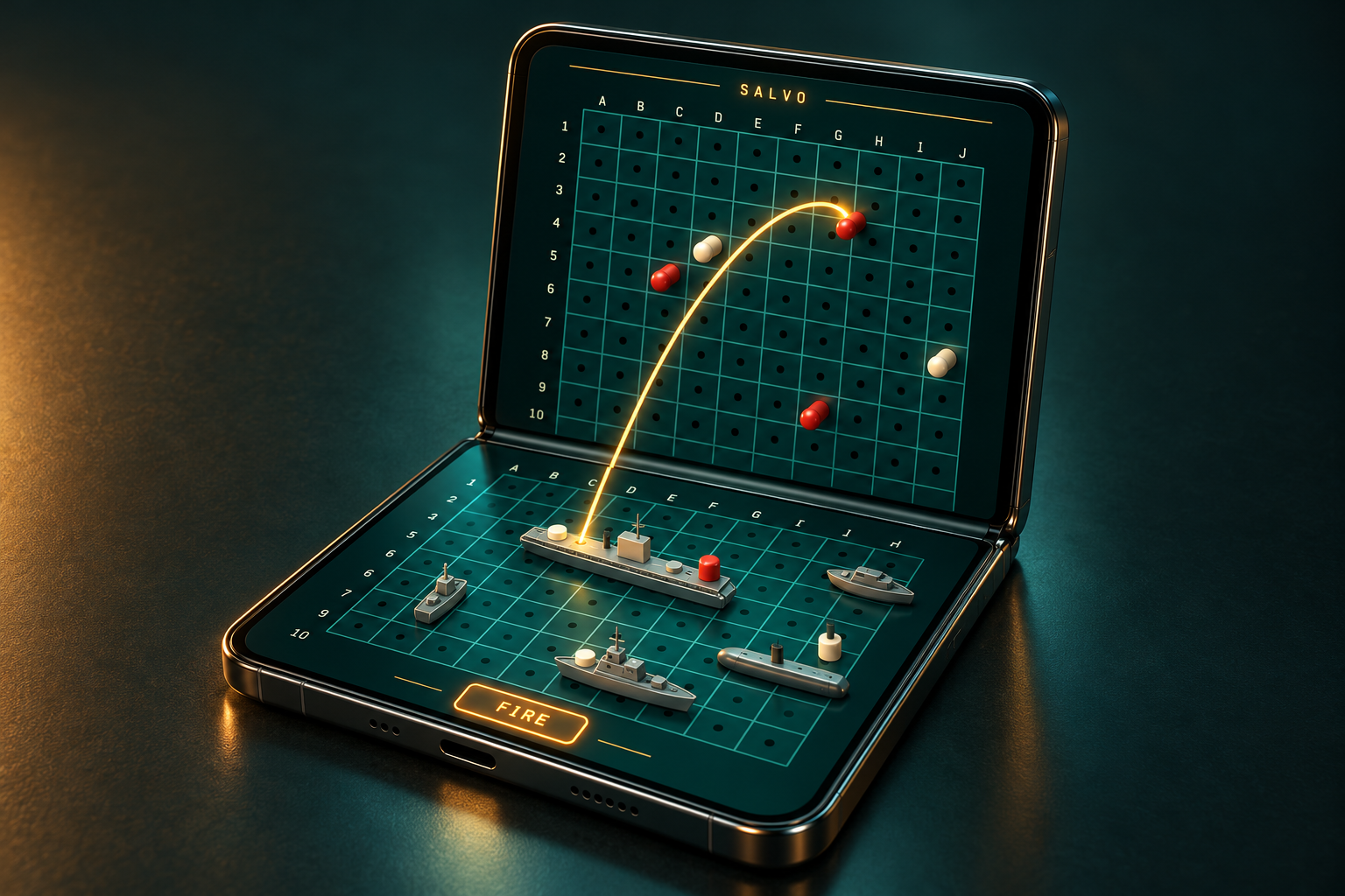Duel product illustration on a folding phone in tabletop pose: enemy waters upright, your fleet flat, and a shell arcing over the hinge.