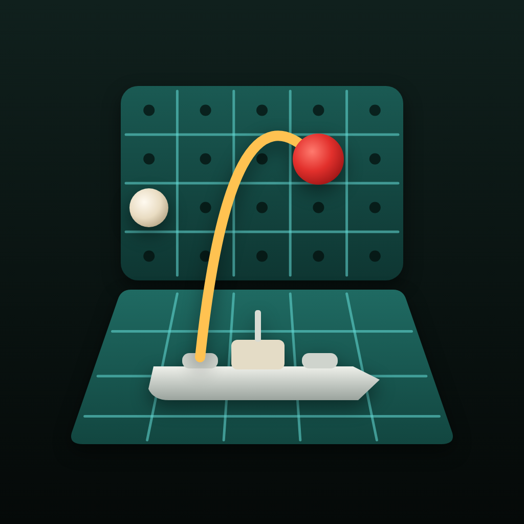 Duel app icon: a hinged game board with a ship and pegs
