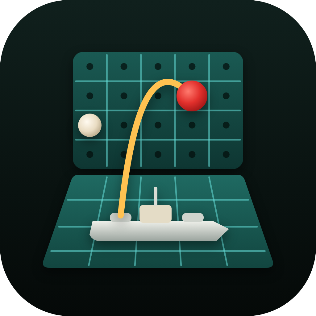 Duel app icon: a hinged game board with a ship and pegs